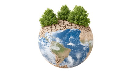 Earth model features cracked soil with greenery, showcasing environmental issues and climate change awareness.