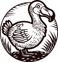 Hand drawn vintage dodo bird sketch in circular frame with grass extinct animal illustration in engraving
