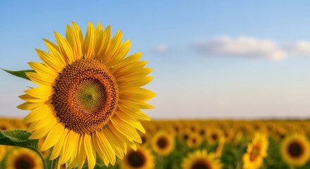 Obraz premium Close-up photo of sunflower fields and blue sky,ひまわり畑と青空のクローズアップ写真