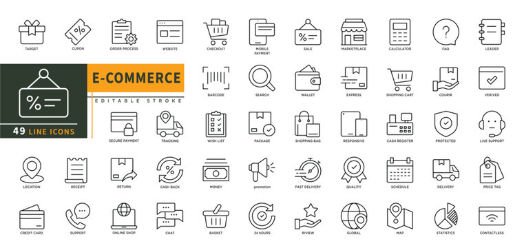 Minimalist E-Commerce line icons set with editable stroke. Featuring target, cupon, order process, tracking, return, cash back, online shop, support, sale, mobile payment. thin linear illustration.