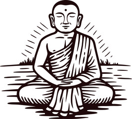 Line art illustration of meditating monk in lotus pose with radiant background isolated on white