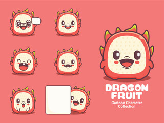 Cartoon dragon fruit character collection on pink background with text