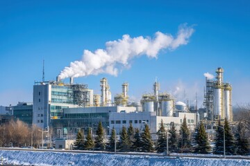 Obraz premium A large chemical plant with smoke coming out of the chimneys, against a blue sky. The industrial building has white tanks and pipes for the production of translucent and shiny materials.