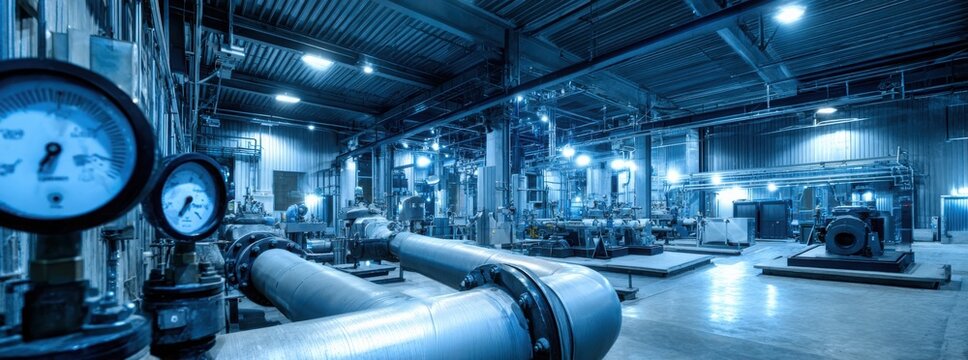 a large industrial facility with massive metal pipes, illuminated in blue lighting, emphasizing engineering and technology.