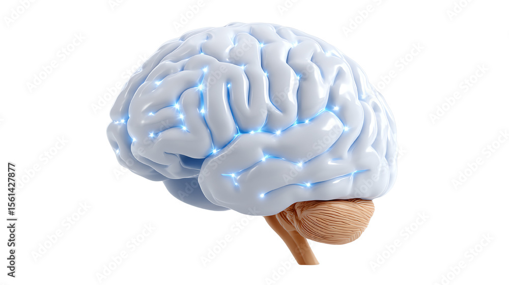 Poster illustration of a human brain with a glowing effect on a white isolated background.