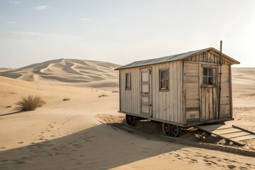 Obraz premium Wooden Shack on Wheels, Desert Landscape, Sand Dunes
