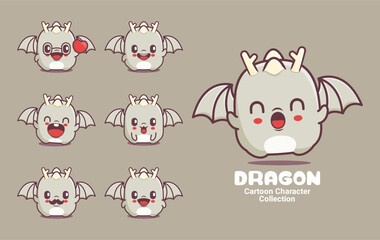 Cartoon dragons set pale gray hue assorted expressions  accessories