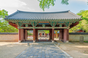 View at the Gate to Gyeonggijeon Shrine in the streets of Jeonju Hanok Village in South Korea