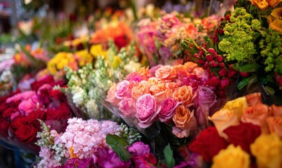 Colorful bouquet display at a flower market with roses, peonies, and other vibrant flowers.