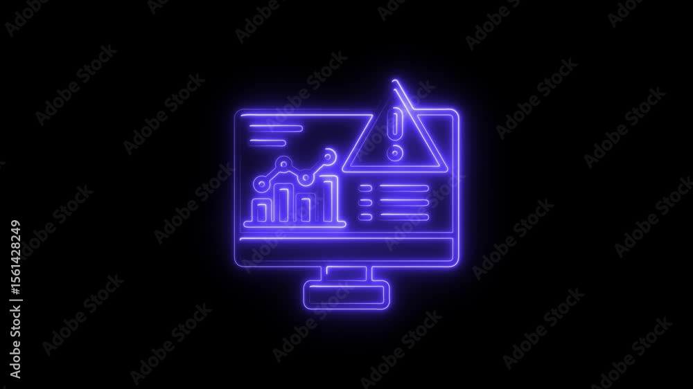 Poster neon computer screen alerting data breach warning sign financial risk analysis animated