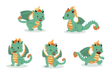 Five cartoon dragons green with orangeyellow details in various poses on a white background