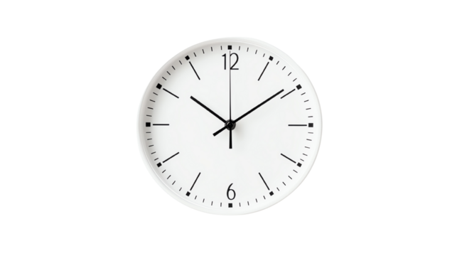 Modern wall clock with white face and black hands, isolated on a white background.