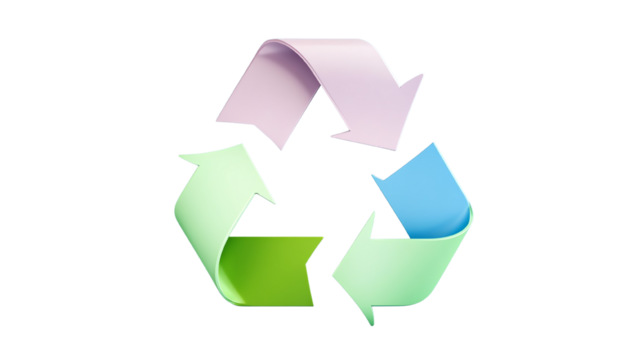 Recycling symbol with arrows in blue, green, and pink on a white background, promoting sustainability and eco-friendliness.