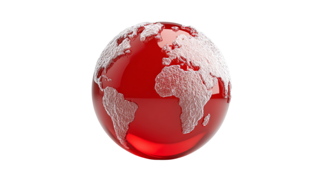 Red globe with engraved continents, isolated on a white background, symbolizing global interconnectedness.