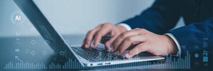 Businessperson working on a laptop with overlaid data visualizations.