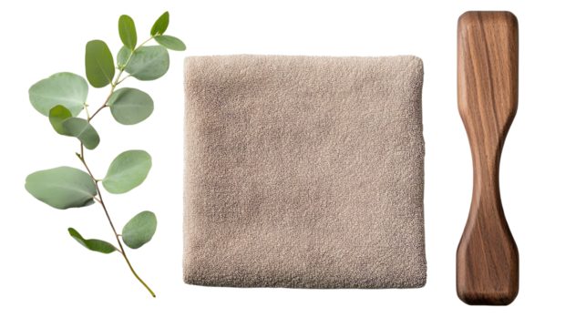 Stylish fabric square, wooden tool, and eucalyptus branch on white background for minimalistic decor.