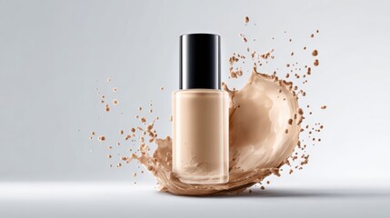 Elegant foundation bottle with splash, showcasing beauty and makeup essentials on a modern backdrop.