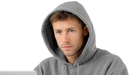 Young man in a gray hoodie focused on a laptop, isolated on a white background.