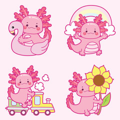 Four pink axolotls feature in different scenarios on a light pink background