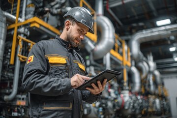 A young man in a helmet is working on a production line at a factory. A technician is maintaining a machine and factory equipment with tools.