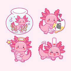 Kawaii axolotl cartoon set of four illustrations on pink