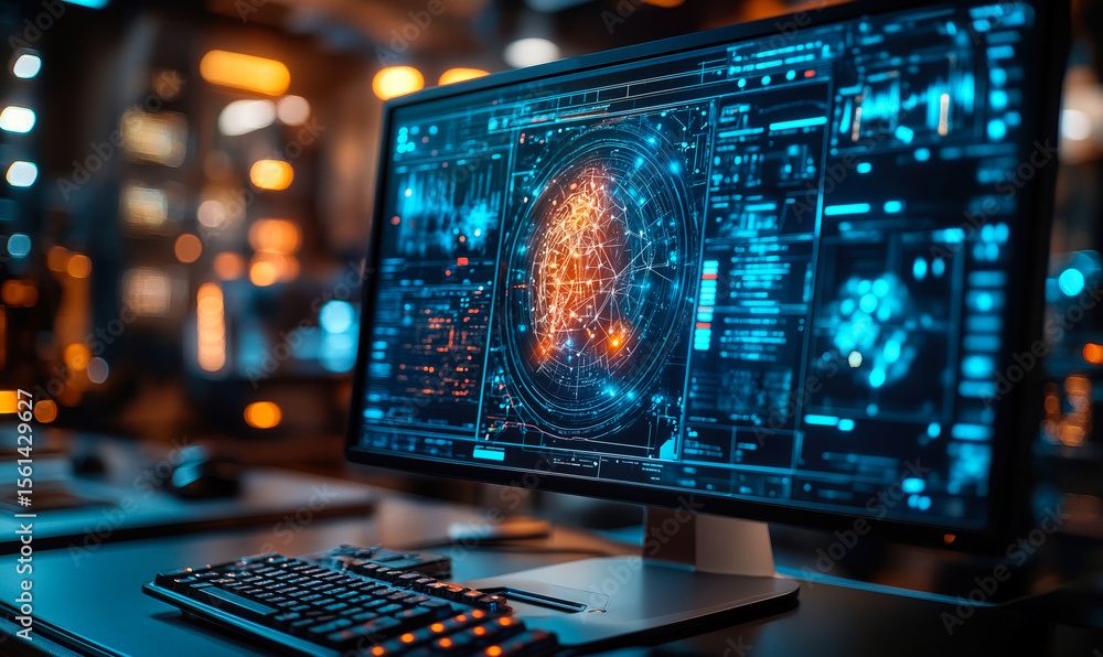 Poster advanced artificial intelligence neural network visualization on computer monitor in futuristic digi