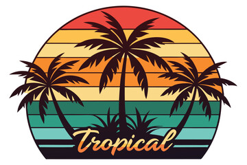 Vector illustration of tropical sunset logo with palm trees and multicolored gradient background design