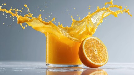 Vibrant orange juice splashing from a glass with a fresh orange beside it, showcasing refreshing summer vibes.