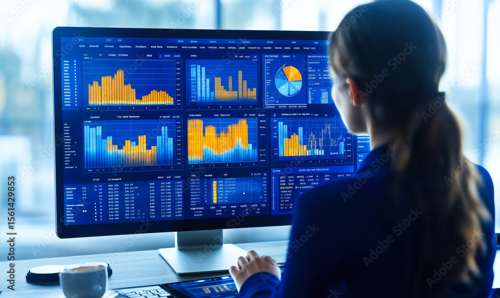 Poster businesswoman analyzing multi panel financial data analytics dashboard with charts and graphs on des