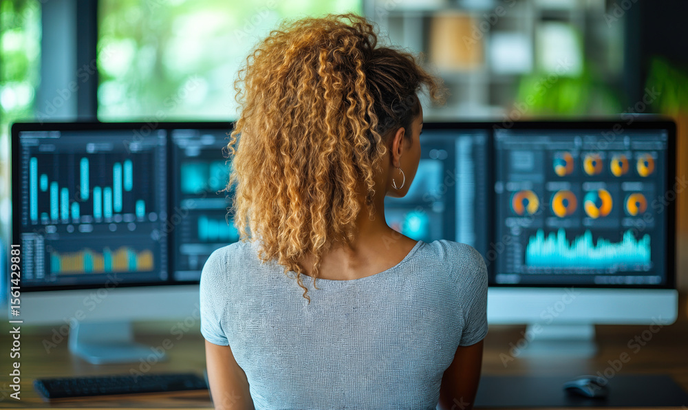 Poster young woman analyzing multiple data dashboards with charts and graphs on computer monitors in modern