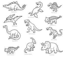 Outlined drawing shows various dinosaurs like Stegosaurus Tyrannosaurus Triceratops and Pteranodon © Neko funny