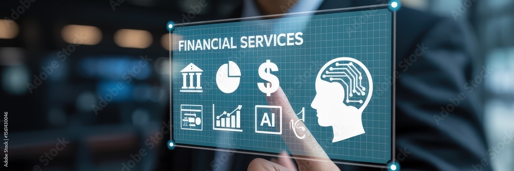 Poster digital interface displays financial services with artificial intelligence.