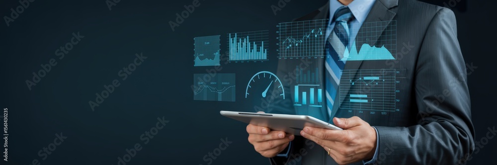 Poster businessman holding a tablet with data visualizations projected.
