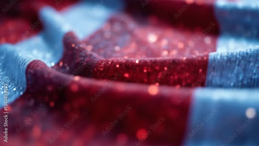 Poster abstract red and white fabric with sparkling glitters macro close-up texture