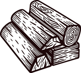 Hand drawn firewood pile illustration with detailed wood logs and bark texture in vintage engraving