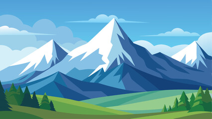 Fototapeta premium Tranquil Alpine landscape with snow-capped peaks as a simple vector illustration.