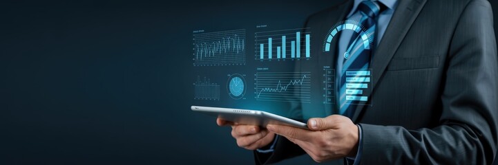 Businessman holding a tablet displaying digital charts.