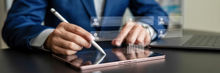 Businessperson using digital tablet with interactive data visualizations.