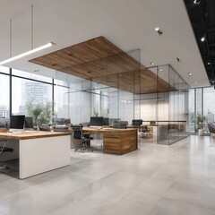 Modern office with wood and glass partitions, sleek desks, and large windows offering a city view