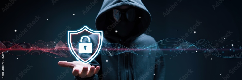 Aufkleber hand displaying a digital shield with a lock.
