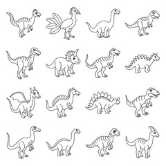 Black and white collection of outlined cartoon dinosaurs various species