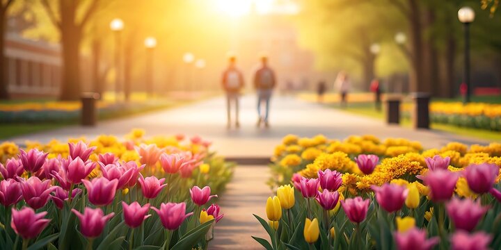 Spring tulips garden park path flowers walking couple sunny day view