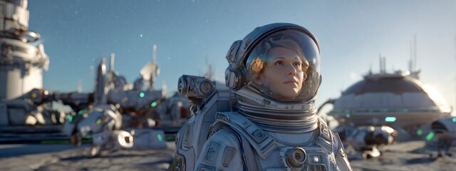 female astronaut in a next-generation space suit standing proudly in front of a futuristic space base on an alien planet. science, resilience, and interplanetary innovation. banner 