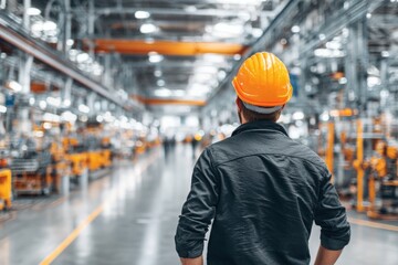 A young man in a helmet is working on a production line at a factory. A technician is maintaining a machine and factory equipment with tools.