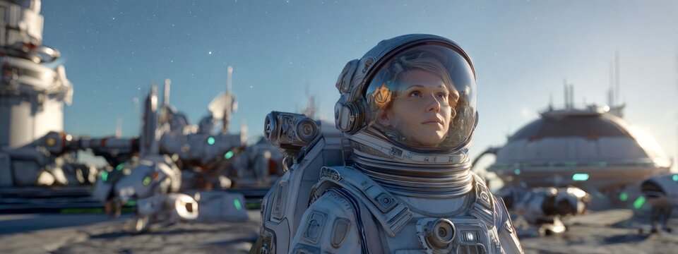 female astronaut in a next-generation space suit standing proudly in front of a futuristic space base on an alien planet. science, resilience, and interplanetary innovation. banner 