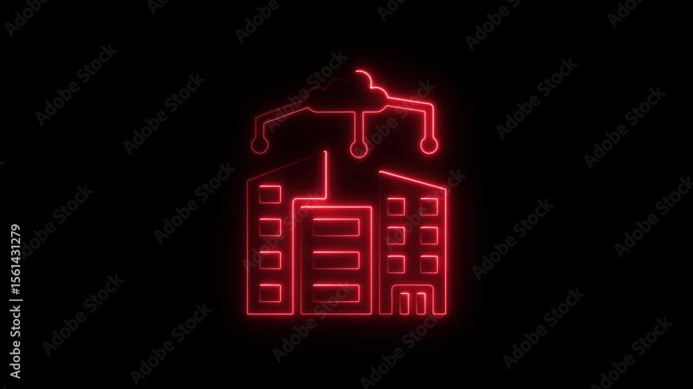 Poster neon cloud computing building animation red glowing outline futuristic data center concept