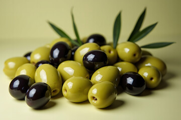 Juicy, ripe, shiny green and black olives on a light green background