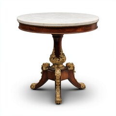 Elegant antique wooden table with a white marble top and ornate gilded brass base