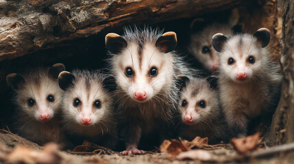 Happy opossum family with cute babies playing and relaxing in their natural environment, wild animals concept, banner