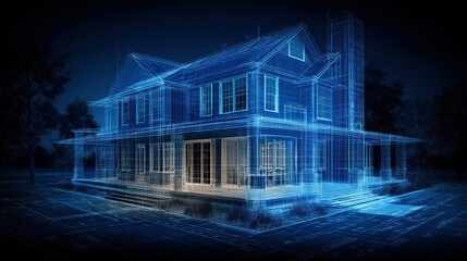 Illuminated wireframe blueprint of contemporary house construction design at night